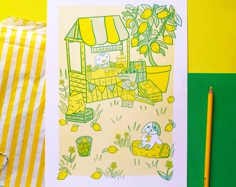 Lemonade Stand Risograph Print - Colourful Wall Art - Nursery - Kids Room