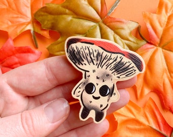 Mushroom Friend Wooden Pin - Funghi Brooch - Cute Shroom Badge