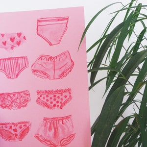 Undies A4 Risograph Print, Pink and Red, Underwear Art, Kitsch, Brat, Guess, Home Decor, Novelty, Unique, Panties, Knickers