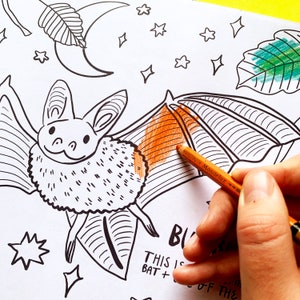 May include: A black and white line drawing of a bat with orange colored wings. The bat is flying in the night sky with stars and a crescent moon. The text "This is a bat +" is visible in the lower left corner of the image.