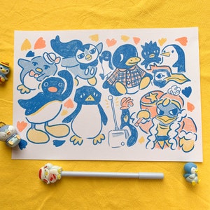 Pop Culture Penguins A4 Risograph Print, Cute Funny Penguin, 90s Nostalgia, Cartoon, Riso Art, Animals, Kids Room, Nursery, Gaming, Gamer