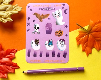 Spoopy Ghost Train Matt Paper Sticker Sheet - Cute Halloween Ghosties - Bullet Journalling - Scrapbooking