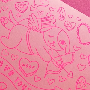 Love Yourself A4 Pink Risograph Print, Cute Cupid Valentines Dog, Funny Doggie, Self Care, Mindfulness, Hearts, Wall Art, Neon, Fluorescent