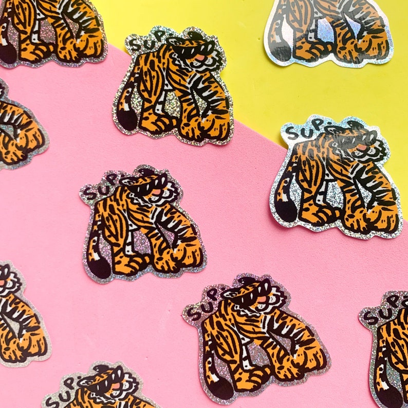 Sup Tiger Eco Glitter Shiny Sticker Water Resistant Cute Laptop Bottle image 1