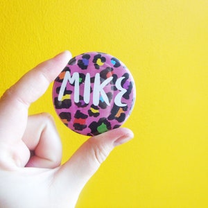 Personalised Custom Name Button Badge Leopard (rainbow)