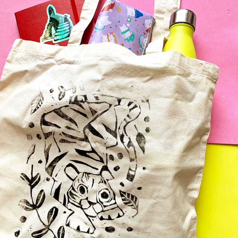 Lino Hand Printed Tiger Tote Bag image 3