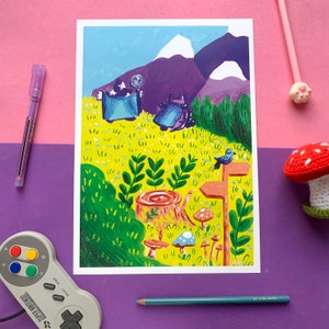 On Our Way, Bark Mage A4 RPG Fantasy Art Print, Mountains, Mountainscape, Cute Wizard Dog, Gaming, Gamer, Game Room, RPG, dnd