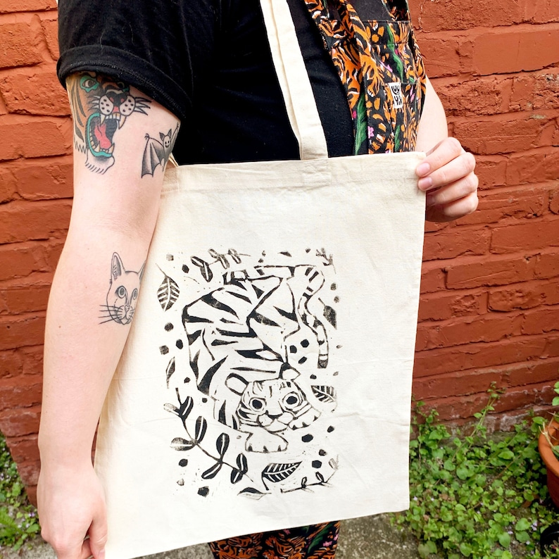 Lino Hand Printed Tiger Tote Bag image 1