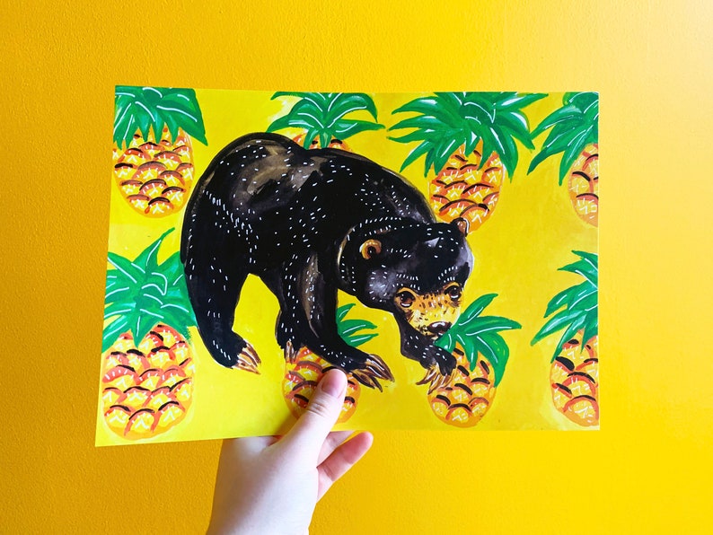 Sun Bear and Pineapples A4 Print Colourful Animal Wall Art Botanical Fruits image 4