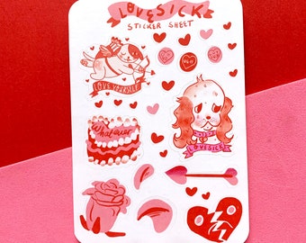 Lovesick Matt Paper Sticker Sheet - Stationery Gift - Bullet Journalling - Scrapbooking - Red and Pink