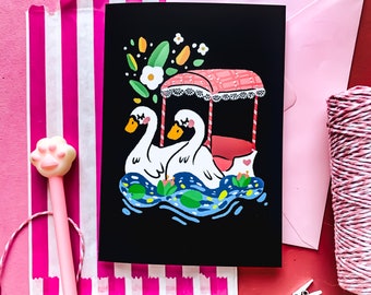 Swans Valentines Card - Retro Valentine - Cute Nature Art