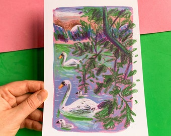 Reddish Vale Swans A5 Mini Art Print - Cute Swan - Stockport Gift - Secret Santa - Stocking Filler