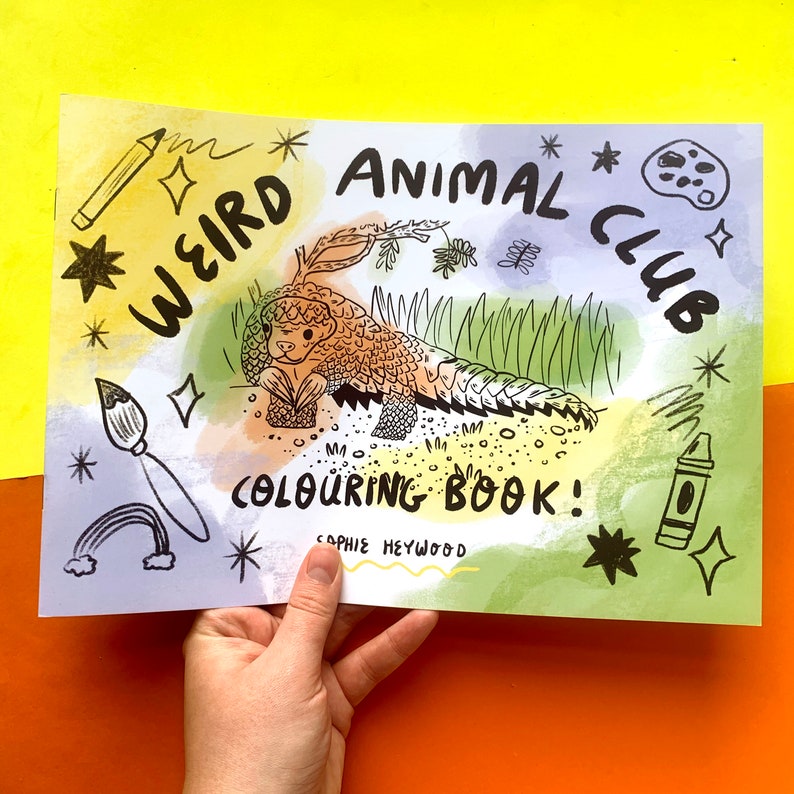 May include: A coloring book with a light blue, green, and yellow watercolor background. The cover features a black and white illustration of a pangolin with the text "Weird Animal Club Coloring Book!" and "Sophie Heywood" in black.