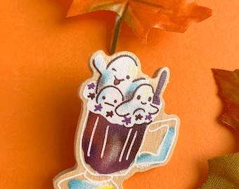 Ghostshake Halloween Wooden Pin - Stocking Filler - Cute Ghost