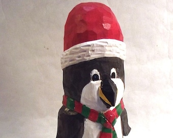 Santa Penguin Wood Carving Art Sculpture Figurine