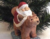 Santa Claus Riding a Bear Wood Carving Art Sculpture Home Decor