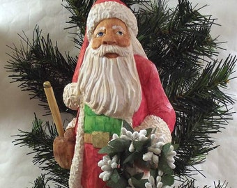 Santa Claus With Wreath and Walking Stick Wood Carving Art Sculpture Home Decor