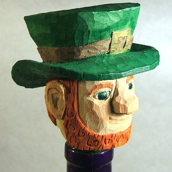 Irish Leprechaun Wood Carving Bottle Stopper Art Sculpture Barware