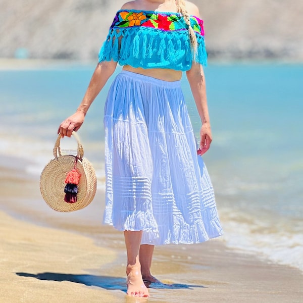Kurze mexikanische Röcke-Faldas in verschiedenen Farben 100% Baumwolle-Gaze-BOHO-Yoga-Handgefärbt-Naturfaser-Atmungsaktiv-Tribal-Frida Kahlo-Tiered