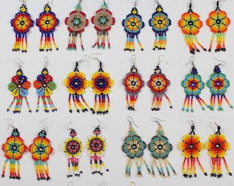 Huichol Handmade Glass Beaded Earrings-Hand Woven Jewlery-Boho-Hippie-Ethnic-Victorian Style-Chandelier-Festival Fashion-Southwest-Fiesta