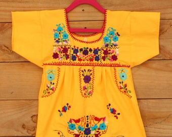 3-4 Years-Colorful Mexican Girls Dress-Yellow-Hand Embroidered Flowers-Boho-Hippie-Flower Wedding-Big Sister-Fiesta Birthday-Frida Kahlo-Art