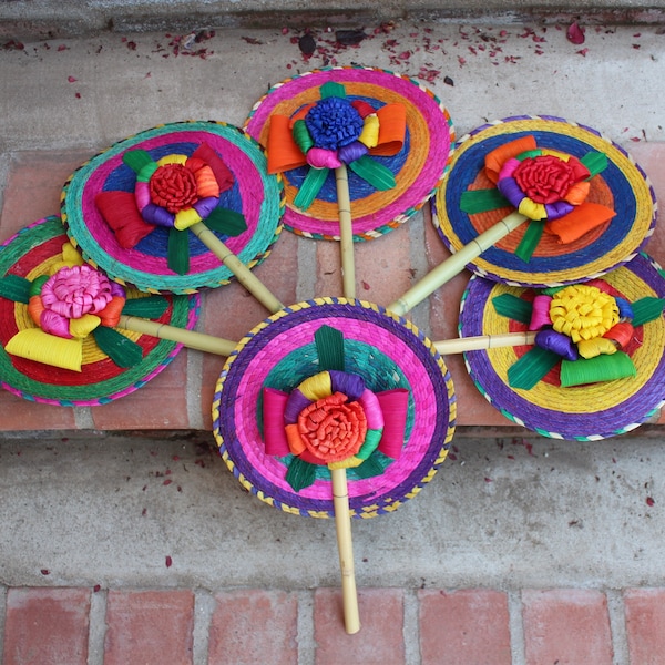 Fiesta Hand Woven Fans (Set of 6)-Handmade-Palm Leaf-Boho-Fiesta-Wall Decor-Fiesta Wedding-Corn Husk-Beach-Rattan-Country-Party Favors-Bambo
