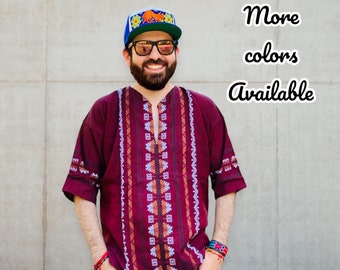 Bohemian Mens Mexican Short Sleeve Cotton Hippie Summer Festival Peyote Indian Shaman Huichol Hipster Grunge Spirit Guayabera Beach