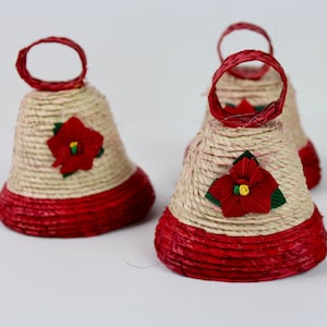 Set of 6 Woven Bell Ornaments Christmas Handmade Palm Leaf Boho Fiesta Christmas Tree-Decor Xmas  Gift Ideas Holiday Southwest Coco Mexico