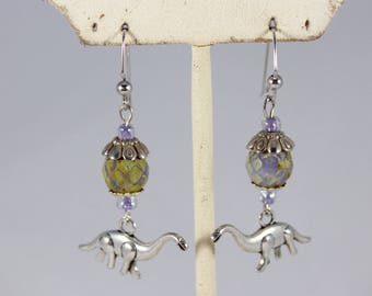 Dinosaur Glass Beaded Earrings-Jewlery-Boho-Festival Fashion-Dino-Jurassic-Fun Accessories-Brontosaurus-Charm-Gift Ideas-Trendy-Light weight