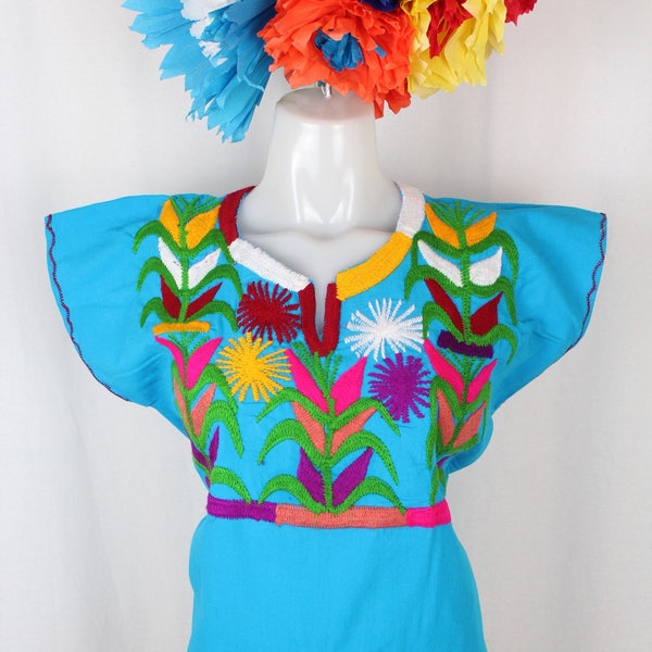 Maize-Embroidered Multicolor Mexican Huipil on 100% Cotton-Blue-BOHO-Hippie-Corn-Elote-Frida Kahlo-Latina-Blouse-Top-Folklorico-Milpas-Gypsy