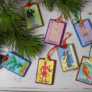 Enfeites artesanais de Loteria Mexicana com Glitter Árvore de Natal-Fiesta-Xmas-Ideias para presentes-Feriado-Sudoeste-Coco-Amor-Arte popular-Artesanal