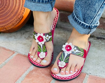 Calla Lily Leather Sandals Woman Mexican Shoes Vintage Style 1970s