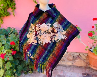 Mexican Embroidered Poncho-Fringe-Cape-Adult Size-Colorful-Upstyled-Fashion-Chunky-Bohemian-Anthropology-Winter-Frida Fiesta Pullover