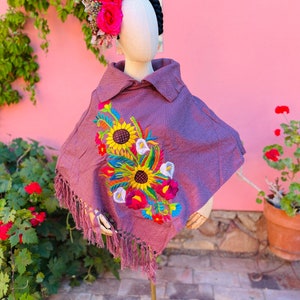 Mexican Embroidered Poncho-Fringe-Cape-Adult Size-Colorful-Upstyled-Fashion-Chunky-Bohemian-Anthropology-Winter-Frida Fiesta Pullover