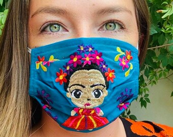 Mouth Cover Face Mask Fiesta Embroidered Frida Folk Art Cotton Tight Woven Fabric Reusable Washable Adult