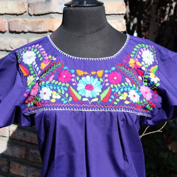 Small- Frida Style Mexican Hand Embroidered Peasant Blouse- Purple -BOHO-Hippie-Summer -Clothing