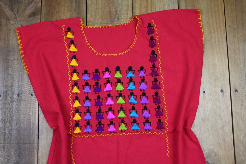 Dancing Girls Traditional Hand Embroidered Multicolor Mexican Huipil Manta Cotton-Organic-Fiesta Birthday-Wedding-festival-Statement-Folk