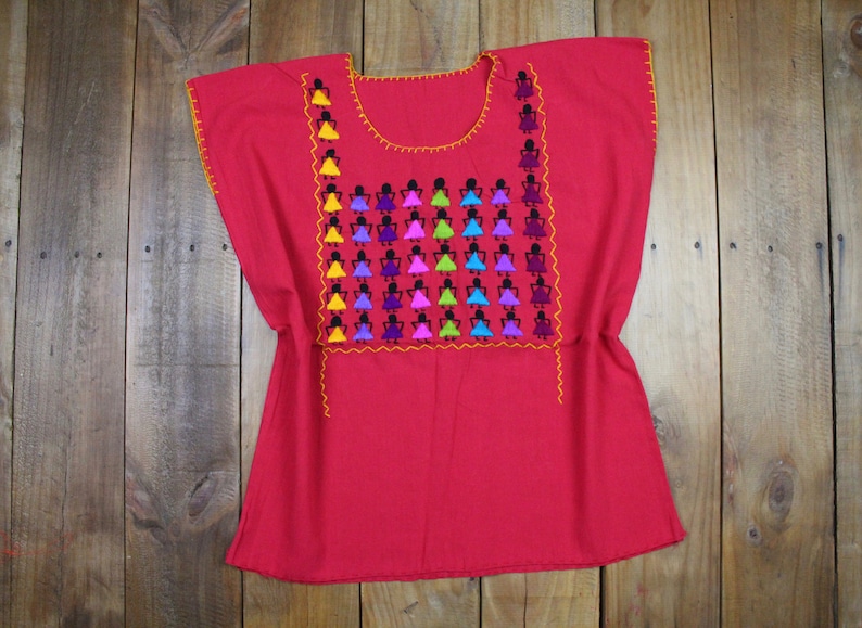 Dancing Girls Traditional Hand Embroidered Multicolor Mexican Huipil Manta Cotton-Organic-Fiesta Birthday-Wedding-festival-Statement-Folk