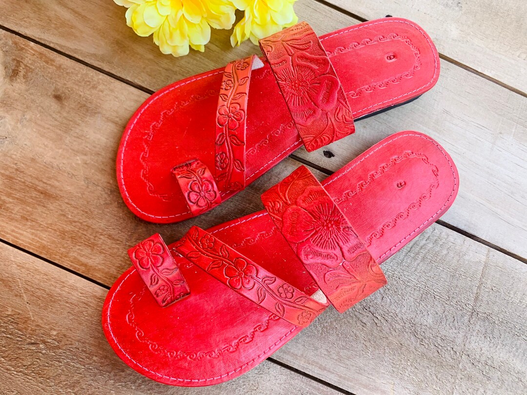 Red Leather Sandals Woman Mexican Shoes Vintage Style - Etsy