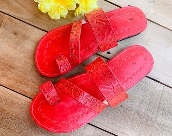 Rote Ledersandalen Damen Mexikanische Schuhe Vintage Stil 1970er Jahre-Floral-Flip Flops-Hippie-BOHO-Tribal-Schuhe-Sommer-Handgemachte Sandalen-Huaraches