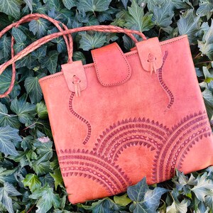Handmade Genuine Leather Bag Purse Round Crossbody Hand Stamped Embellished BOHO Bohemian Beach Fashion Hipster Fiesta Trendy Gift Ideas