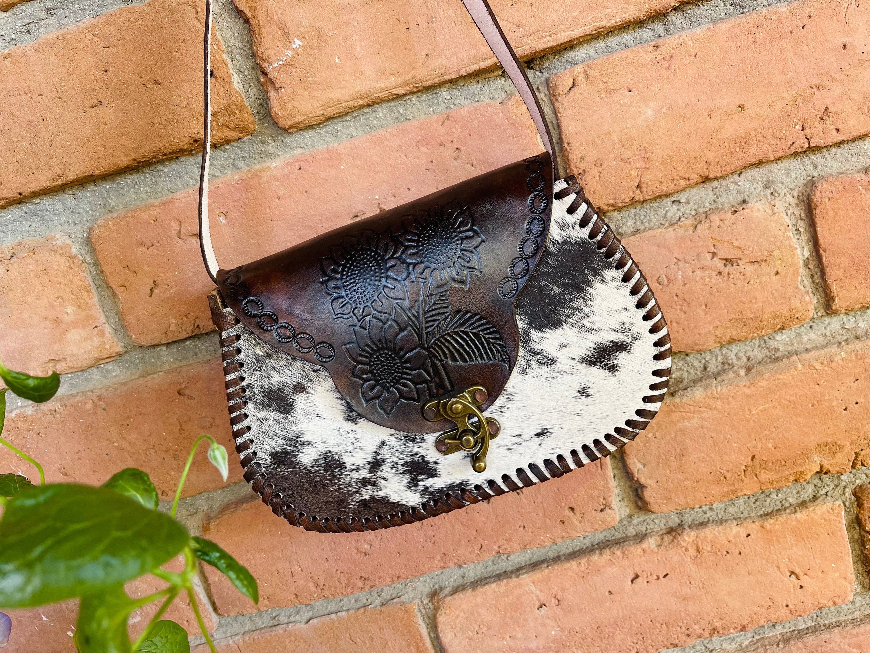 Western Cowhide Handmade Leather Bag Purse Crossbody Hand Stamped Embellished BOHO Bohemian Beach Fashion Hipster Christmas Gift Cowgirl