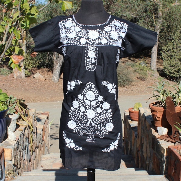 Mexican Peasant Dress/ Blouse-Flowers Embroidered by Hand- Black (Small) BOHO Hippie- Handmade