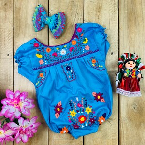 12-24 Months Blue Baby Toddler Mexican Girls Romper Onesie Hand Embroidered Flower Girl-Summer Fiesta Boho Birthday Outfit-Frida Kahlo