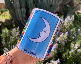 La Luna Coffee Cup Loteria Handmade Mexican Mug Fiesta Rosa Sirena Gift Ideas Folk Art Camping Taza El Gallo La Luna Mothers Day Latina