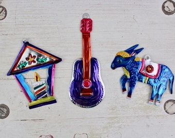 Handmade Mexican Tin Ornaments (Set of 3) Vintage Christmas Tree-Fiesta-Xmas-Gift Ideas-Holiday-Southwest-Coco-Amor-Folk Art-Handcrafted