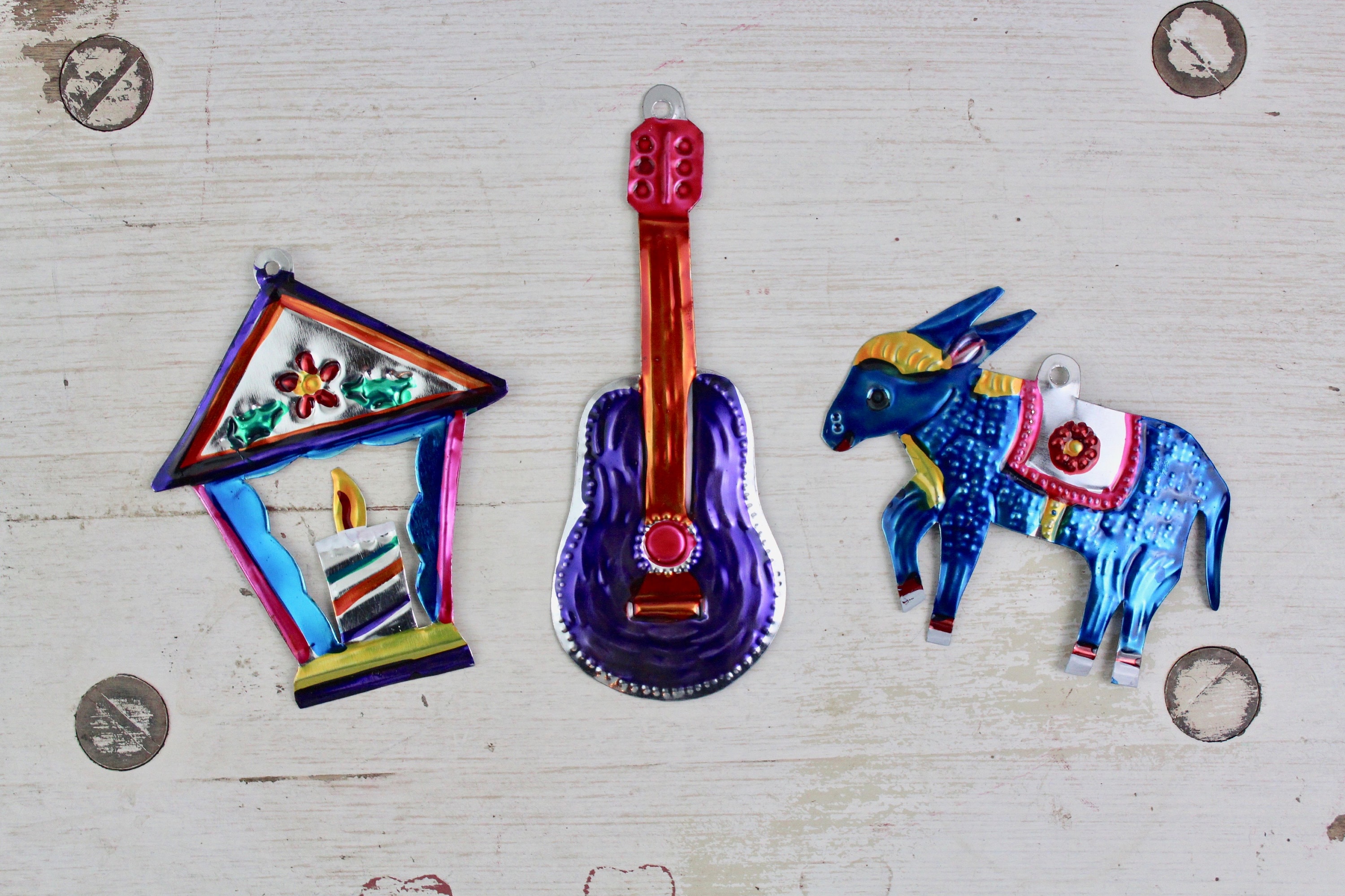 Handmade Mexican Tin Ornaments Set of 3 Vintage Christmas Etsy