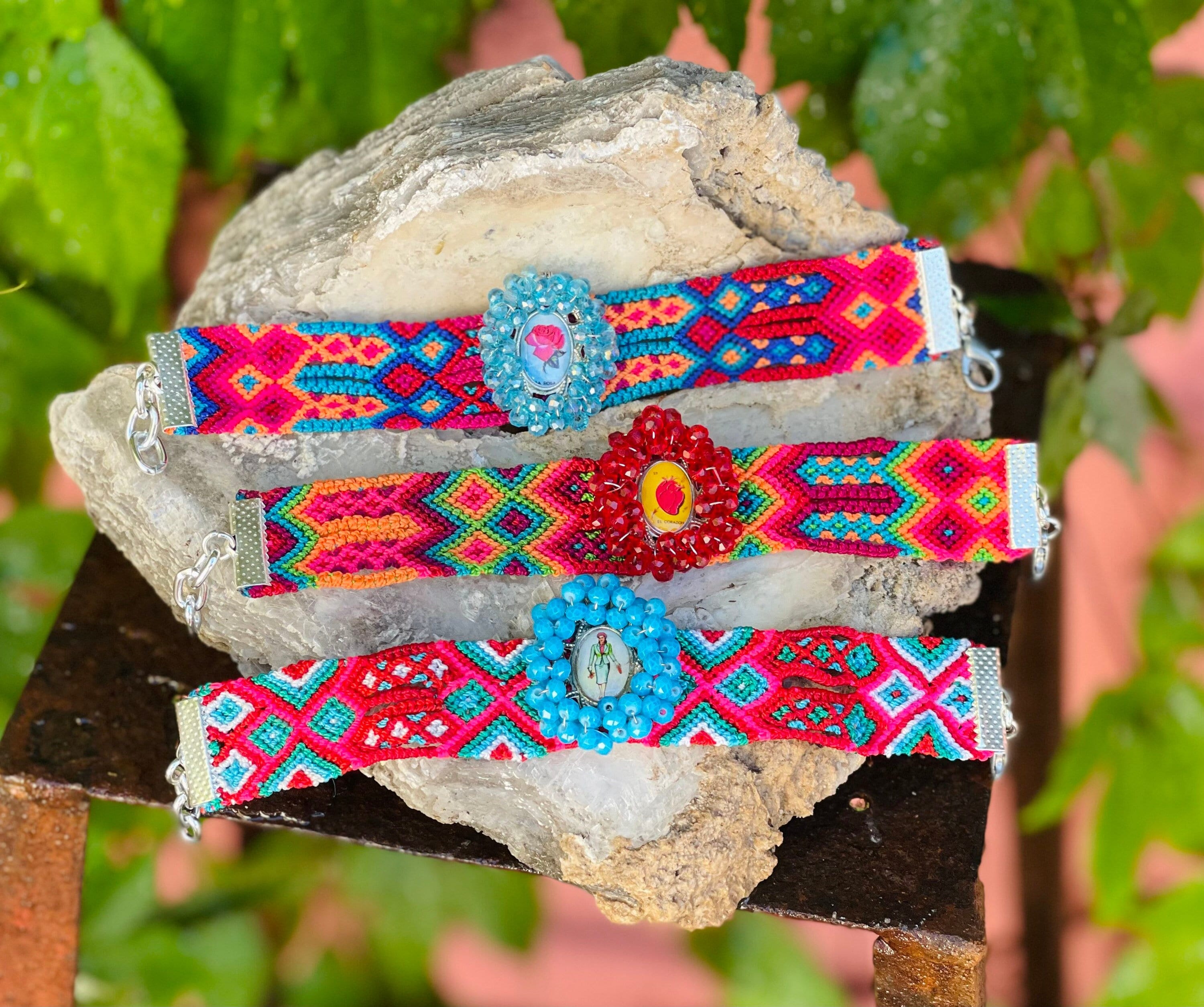 Lotería La Dama El Corazon La Rosa Macrame Hand Woven Bracelet Charm Handmade Colorful BOHO Ethnic Traditional Hippie