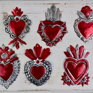 Medium Handmade Mexican Tin Ornaments-Heart-Sacred Heart-Valentines Day Gift-Fiesta-Red-Rock & Roll-Hand Painted-Folk Art-Christmas Tree Tag