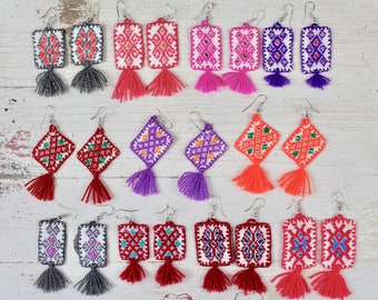 Hand embroidered Earrings-Cotton-Fiesta-Folk Art-Party Favors-Dangle-Lightweight-Frida Kahlo-Costume-Christmas Gift-Festival Bohemian